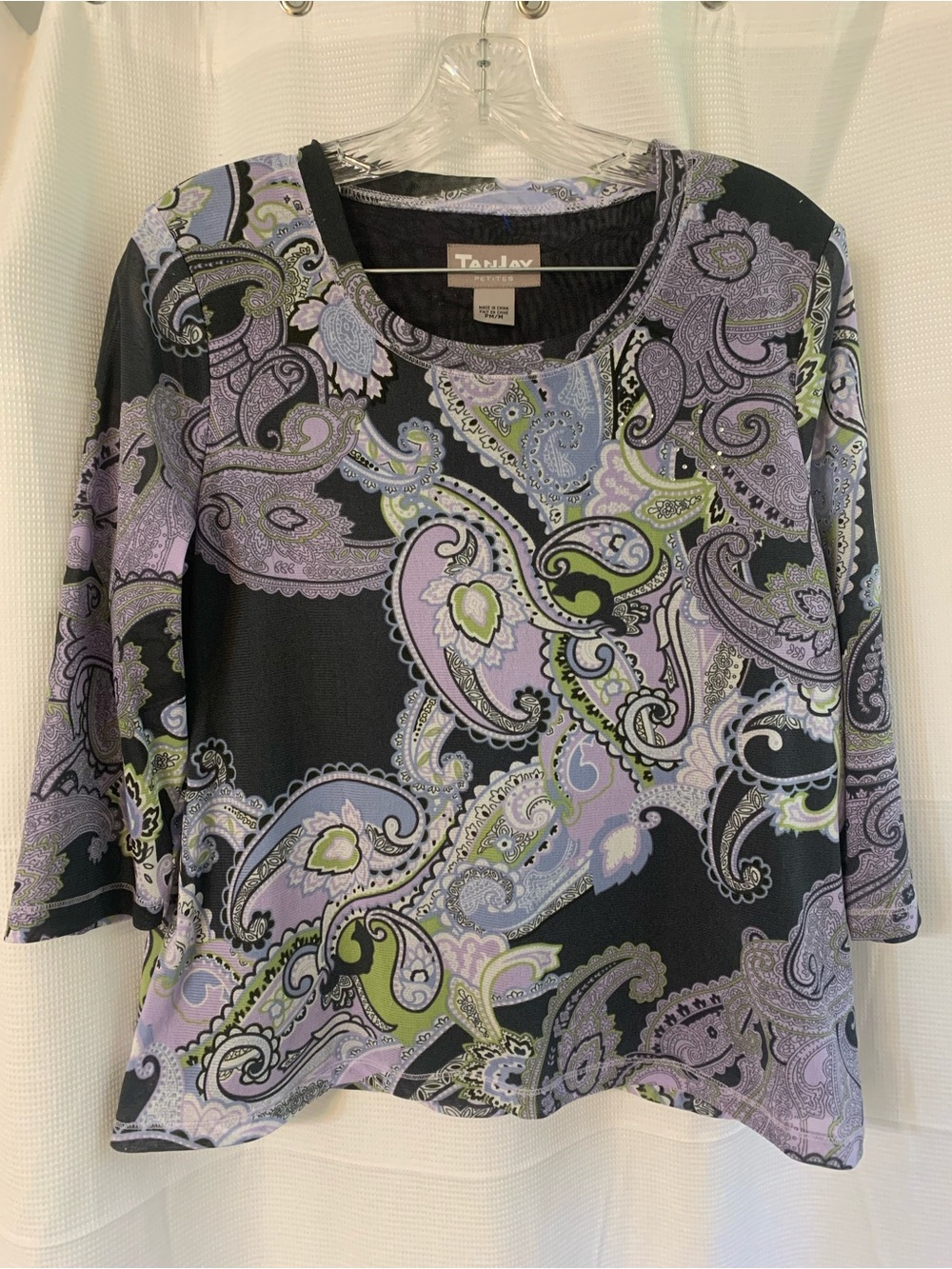 TanJay Black Top with Lavender and Green Paisley Print
